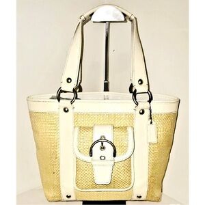 COACH RARE VINTAGE Y2K Woven Straw Tote Bag with White Trim